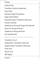 Screenshot of Trados Studio automated tasks dropdown menu with the 'Groupshare Analyze and Translate' option greyed out.