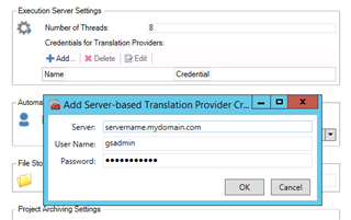 Trados Studio dialog box for adding server-based translation provider credentials with fields for server name, user name, and password filled in.