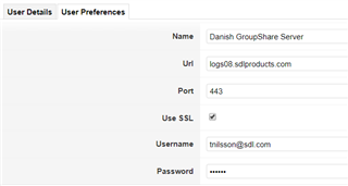Trados Studio User Preferences dialog showing fields for Name, Url, Port, Use SSL, Username, and Password filled out with example data.