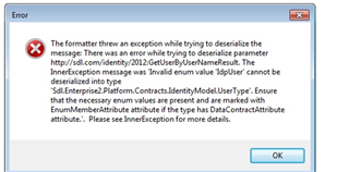 Error dialog box in Trados Studio showing 'The formatter threw an exception while trying to deserialize the message' with details about invalid enum value in IdentityModel.