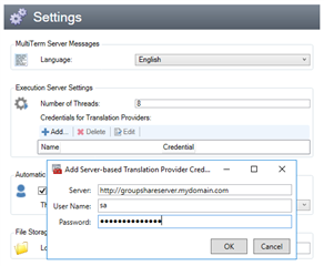 Trados Studio GroupShare Console Settings window showing Execution Server Settings with an option to Add Server-based Translation Memory Credential.