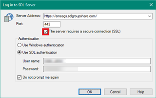 Trados Studio login window with an error message highlighted next to the SSL checkbox, indicating 'The server requires a secure connection (SSL)' is not checked.