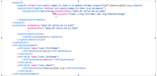 Screenshot of an XML code snippet showing SAML response with mandatory attributes user.firstName, user.lastName, and user.email highlighted.
