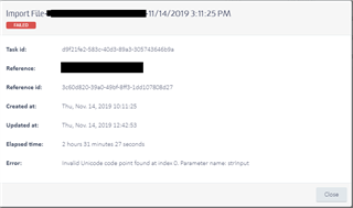 Trados Studio error message during TM import stating 'Invalid Unicode code point found at index 0. Parameter name: stringInput'.