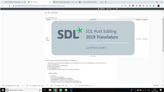 Screenshot of Trados Studio certification badge for SDL Post Editing 2019 Translators, Certified Level 1 displayed on a webpage.