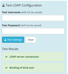 Screenshot of Trados Studio's Test LDAP Configuration showing successful LDAP server connection and binding of bind user.
