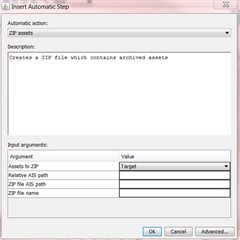 Screenshot of Trados Studio showing the Insert Automatic Step dialog with fields for Assets to Zip set to 'Target', Relative AIS path, Zip file AIS path, and Zip file name.