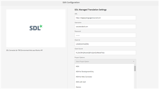 SDL Managed Translation settings interface with fields for API URL, username, password, client ID, and client secret.