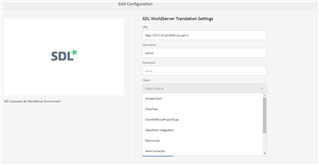 SDL WorldServer Translation settings interface with fields for API URL, username, password, and dropdowns for client and project type.