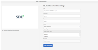 SDL WorldServer Translation settings interface showing a dropdown menu for selecting a project type.