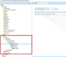 Screenshot of CRXDE Lite interface showing the cloud services configuration directory with a red box highlighting the SDL WorldServer folder.