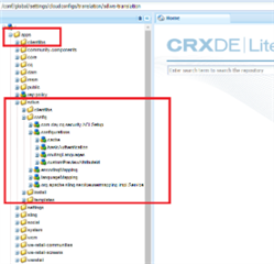 Screenshot of CRXDE Lite interface showing the apps directory with a red box highlighting the sdlws and sdlmantra configurations.