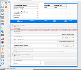 Screenshot of Trados Studio editor with an open invoice template, displaying the layout and text formatting tools.