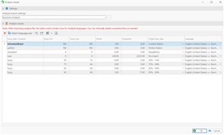Screenshot of Trados Studio analysis with correct data including total word count and various match types such as context match, repetitions, and fuzzy matches.