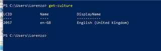 Command prompt showing the system culture set to 'en-GB' with LCID 2057, Name 'en-GB', and DisplayName 'English (United Kingdom)'.