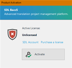 Trados Studio Product Activation screen showing an 'Unlicensed' error with options to link SDL Account or Purchase a license.