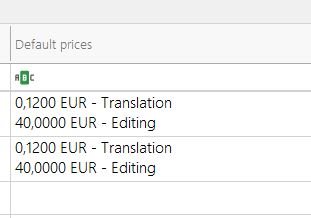Screenshot of Trados Studio's Customer List showing a 'Default prices' column with rates such as '0,1200 EUR - Translation' and '40,0000 EUR - Editing' with unnecessary decimals.