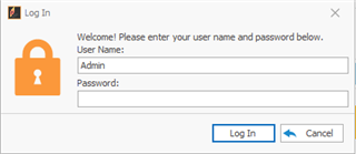 Trados Studio login dialog box with fields for User Name and Password. The User Name field is filled with 'Admin'. Two buttons are visible: 'Log In' and 'Cancel'.