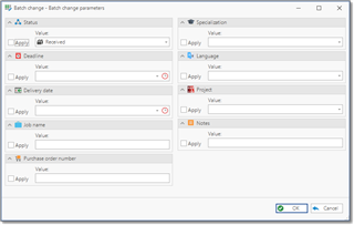Trados Studio screenshot showing the Batch change - Batch change parameters dialog with fields for Status, Deadline, Delivery date, Job, and Purchase order number. Some fields have red exclamation marks indicating errors.