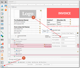 Screenshot of Trados Studio interface showing an invoice template with labeled fields such as 'Logo', 'Invoice #', and 'To: Customer Name'. Red error indicators are visible.
