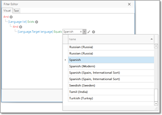 Trados Studio Filter Editor window showing a condition added to filter vendors by target language, with 'Spanish' selected from a dropdown list.