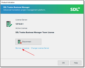 SDL Trados Business Manager activation window showing License Server address as 127.0.0.1 with an active SDL Trados Business Manager Team License and options to Disconnect, Borrow a License, or Change License Server.