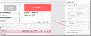 Screenshot of Trados Studio showing an invoice template with a Field list panel on the right, highlighting the Sorting property dropdown menu sorted by Date in descending order.