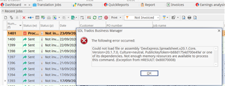 Error message in Trados Business Manager: 'Could not load file or assembly DevExpress.Spreadsheet.v20.2.Core, Version=20.2.7.0... OutOfMemoryException was thrown.'