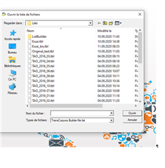Screenshot of Trados Studio's 'Open a list of files' dialog box showing a list of TextBase files with names like TAO_2019_01.tbl, sorted by modification date.