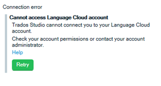 Error message in Trados Studio stating 'Cannot access Language Cloud account' with a Retry button.