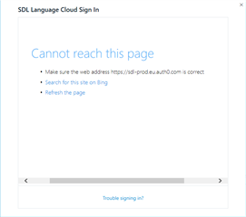 SDL Language Cloud sign-in page with an error message 'Cannot reach this page' and suggestions to check the web address or refresh the page.