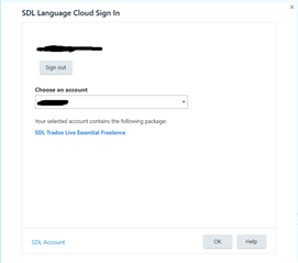 SDL Language Cloud sign-in window showing a logged-in status with an option to sign out and a dropdown to choose an account.