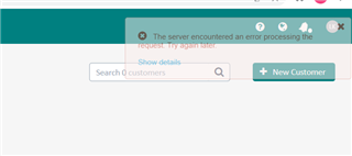 Error message in Trados Studio saying 'The server encountered an error processing the request. Try again later' with options to show details, search customers, and add new customer.