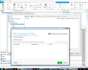 Screenshot of SDL Trados Studio 2021 with an open Project Settings window showing SDL Language Cloud tab with an empty Machine Translation Providers list.
