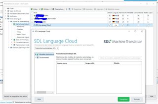 SDL Trados Studio 2019 interface showing an error message in the SDL Language Cloud window indicating a connection issue and inability to select language.