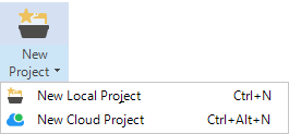 Dropdown menu in Trados Studio showing options for 'New Local Project' with shortcut Ctrl+N and 'New Cloud Project' with shortcut Ctrl+Alt+N.