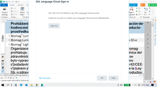 Trados Studio error message stating 'Your SDL ID is not linked to any SDL Language Cloud account.' with a sign-in prompt below.