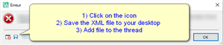 Error message dialog box with an 'X' icon indicating an error. Instructions are listed: 1) Click on the icon, 2) Save the XML file to your desktop, 3) Add file to the thread.