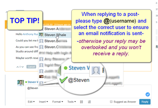 Screenshot of Trados Studio tip showing how to reply to a post by typing @username to ensure the user receives an email notification.