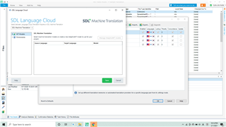 Screenshot of SDL Trados Studio 2019 showing an SDL Language Cloud setup window with empty source and target language fields, and a notification that the language pair cannot be accessed.