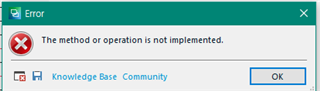 Error message in Trados Studio stating 'The method or operation is not implemented.' with an OK button.