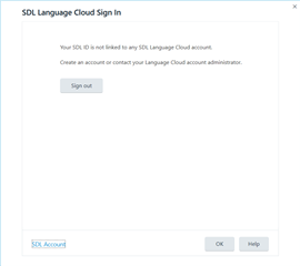 SDL Language Cloud Sign In window showing an error message 'Your SDL ID is not linked to any Language Cloud account.' with options to Sign out, SDL Account, OK, and Help.