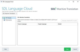 Screenshot of SDL Language Cloud window showing empty fields for Source Language, Target Language, and Model under SDL Machine Translation.