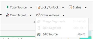 Trados Studio screenshot showing the 'Other Actions' dropdown menu with options 'Merge Segments', 'Split Segment', and 'Edit Source'.