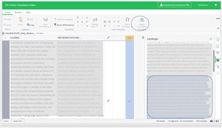 Blurred screenshot of Trados Studio workspace with the Lookups panel open on the right side, unable to apply translation from the translation memory.