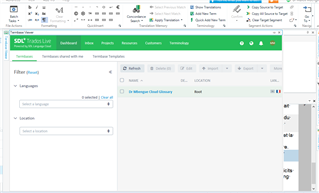 Screenshot of Trados Studio with SDL Live displayed instead of local termbase when trying to add a term.