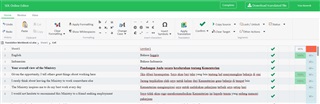 Trados Studio online editor interface showing English source text and Indonesian target text with red underlines indicating spelling errors.