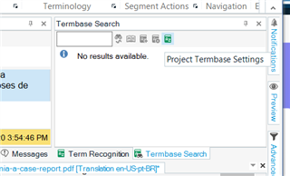 Screenshot of Trados Studio showing the Termbase Search window with a message 'No results available' and a button for Project Termbase Settings.