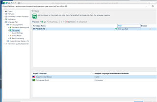 Screenshot of Trados Studio Project Settings window with a warning message 'Add termbases to the project and create a new, default termbase and link the language mappings.'