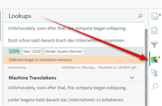 Trados Studio Lookups panel showing a translation memory match with a green checkmark indicating a 100% match, but the 'Apply Translation' button is not highlighted.
